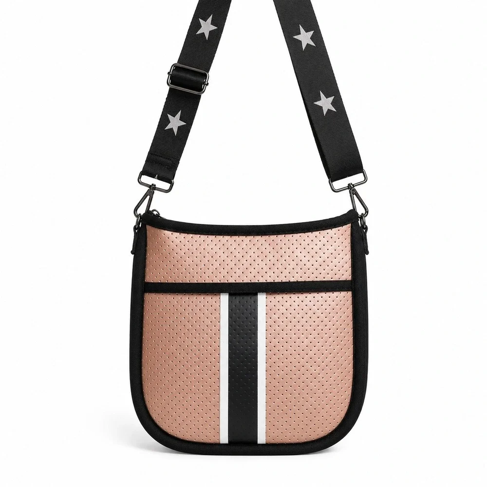 Haute Shore Greyson Neoprene Crossbody Bag Rose Gold Racing Stripe Star Strap